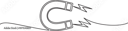 Continuous single line of a horseshoe magnet with magnetic force energy sparks isolated on a white background showing attraction and physics concept in a minimalist black and white style