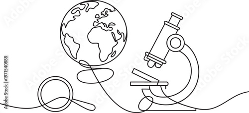 Continuous single line of a globe and a microscope with a magnifying glass isolated on a white background representing scientific research and global discovery in a minimalist line style