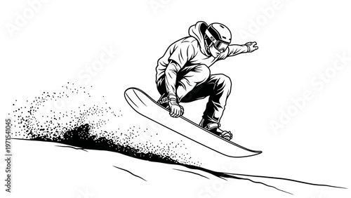 A snowboarder in a crouched position rides down a snowy slope with a stylized illustration effect and monochromatic color scheme on a plain white background.