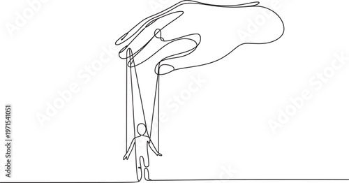 Continuous line of a large hand controlling a small human puppet with strings on a white background representing manipulation and power in a minimalist style for social concepts