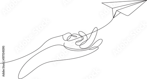 Continuous line of a human hand holding a paper airplane flying upwards isolated on a white background representing freedom travel imagination and creative thinking in a simple style