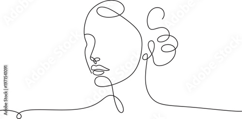 Minimalist continuous line of a woman face profile with hairstyle on a white background depicting beauty and simplicity in a single stroke style for wall decor