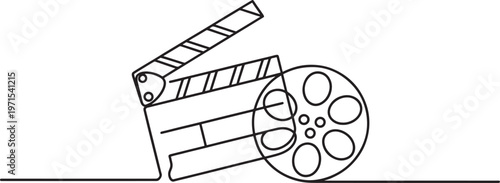 Single continuous line of a clapperboard and a reel on a white background representing cinema production industry entertainment media and motion recording equipment