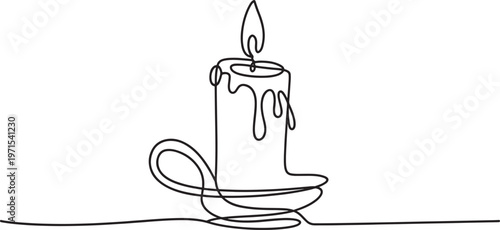 Continuous single line of a lit candle in a vintage holder with melting wax dripping down the side isolated on a white background representing light warmth spirituality and home decor