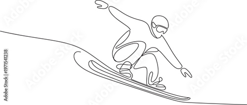 Continuous single line of a snowboarder riding down a snowy mountain slope isolated on a white background depicting winter sports extreme action recreation and outdoor adventure lifestyle