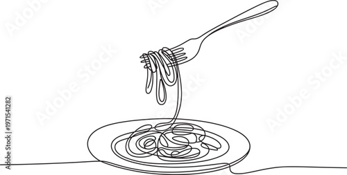 Single continuous line of a metal fork twisting spaghetti pasta noodles on a round plate isolated on a white background for restaurant menu and food related culinary concepts