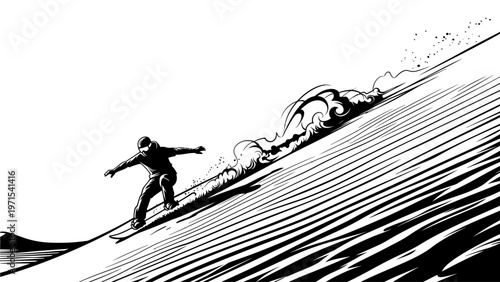 A snowboarder in black clothing rides down a snowy slope with a wave of snow behind them in a black and white illustration.