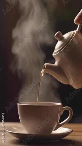 Steaming tea pours from kettle into cup on saucer, on wooden table, with blurry background
