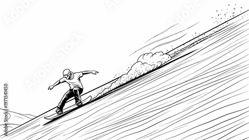 A black and white illustration of a snowboarder speeding down a snowy slope with motion lines and a cloud of snow.