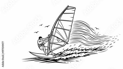 A windsurfer rides on water with a large sail, creating a dynamic splash, against a clean white background in a black and white illustration.