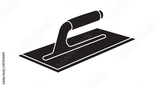 Trowel tool with a black ergonomic handle used for plastering and smoothing concrete surfaces with precision