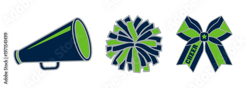 Cheerleading Graphic Bundle- Navy Blue and Green Megaphone, Pom-pom, and Cheer Bow Vector Set