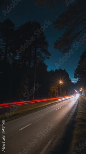 Streaks of light speed through forest road at night