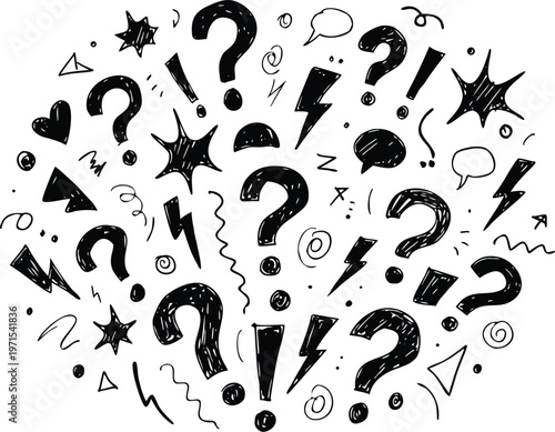 Title doodle collection question marks exclamation points stars and abstract shapes description a chaotic yet artistic arrangement of hand drawn doodles featuring prominent