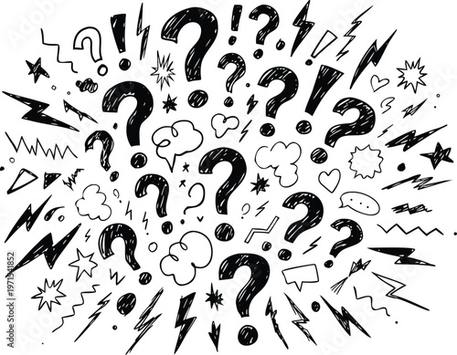 Chaotic collection of question marks and exclamation points in black ink