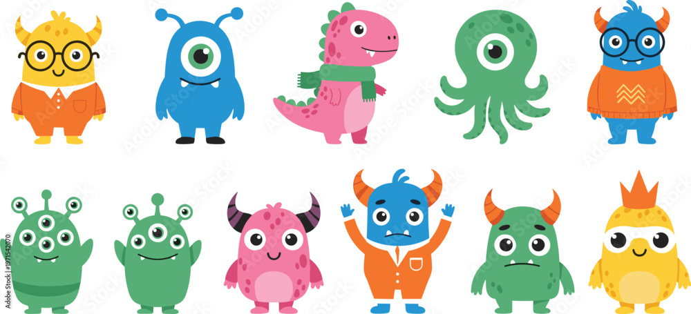Fototapeta premium Vector Illustration of Cute and Colorful Monster Characters with Various Styles and Expressions on White Background