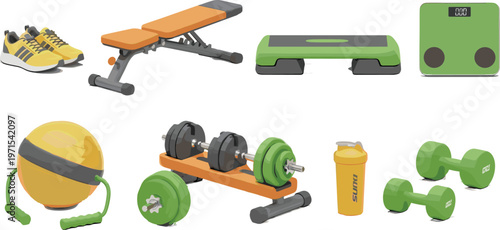 Vector Illustration of Fitness Equipment Including Dumbbells, Weight Bench, Sneakers, and Gym Accessories