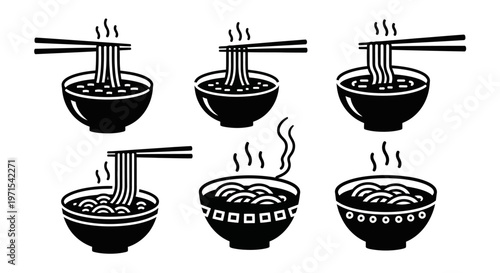 Asian Noodle Bowls with Chopsticks - Set of 6 Icons
