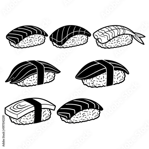Assorted Nigiri Sushi Set, Japanese Food Illustration, Vector Art