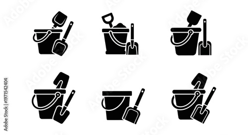 Beach Bucket and Shovel Icons Set - Summer Playtime and Sandcastle Building