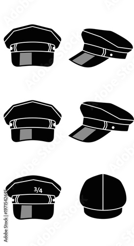 Black uniform cap, vintage style, front and side views, fashion accessory