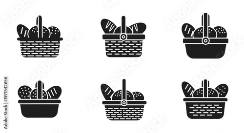 Bread Basket Icons Set - Fresh Baked Goods and Picnic Supplies