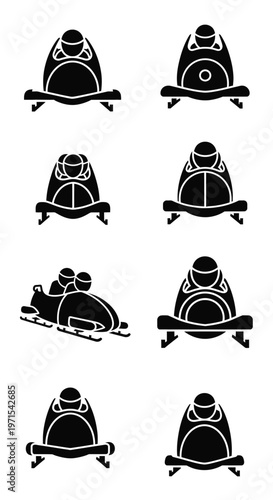 Bobsledding Icons Set: Diverse Bobsled Designs and Action Silhouette