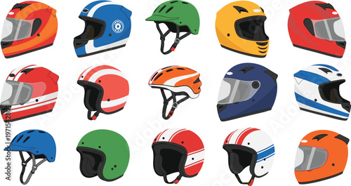 Vector Illustration of Various Motorcycle Helmets in Different Colors and Designs on White Background