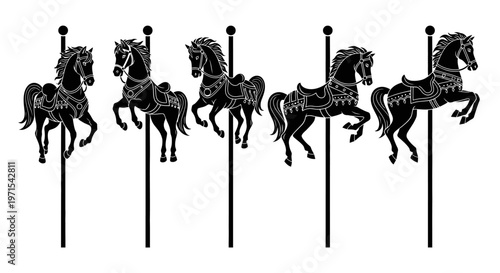 Carousel Horses Silhouette - Vintage Amusement Park Ride