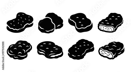 Chicken Nuggets Collection: Crispy Breaded Fast Food Icons, Isolated Black and White