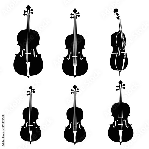 Collection of Black Cello Silhouettes on White Background, Musical Instruments
