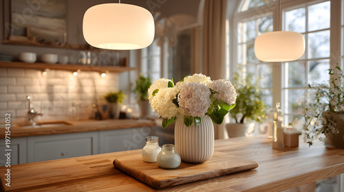 Cozy kitchen counter styled with white flowers, warm lighting, and soft natural decor, creating an elegant home interior scene with welcoming modern charm.
