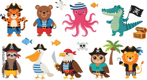 Vector Illustration of Pirate Animals in Costumes with Hats, Swords, and Accessories, Colorful Set on White Background