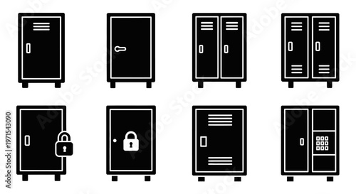 Collection of Black Locker Icons and Symbols on White Background
