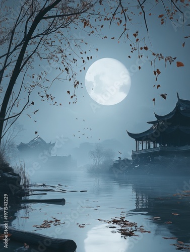 Serene Moonlit Lake with Asian Architecture