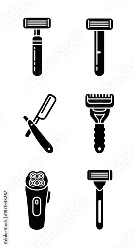 Collection of Shaving Tools Icons: Razor, Straight Razor, Electric Shaver