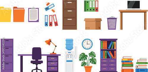 Vector Illustration of Office Furniture, Stationery, Filing Cabinets, and Desk Equipment on White Background