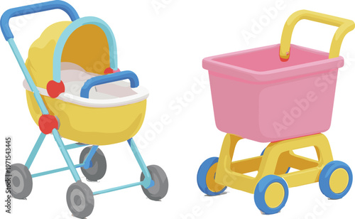 Vector Illustration of a Baby Stroller and Toy Cart with Wheels, Colorful Design on White Background
