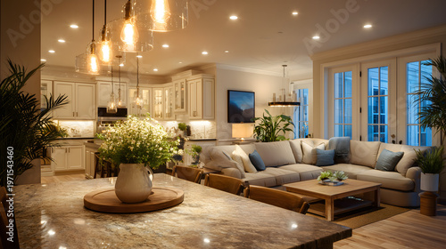 Warm modern living room and kitchen interior with soft lighting, elegant furniture, and cozy home styling, creating an inviting luxury residential atmosphere.
