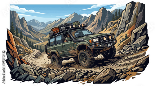 Green SUV on Rocky Mountain Terrain.