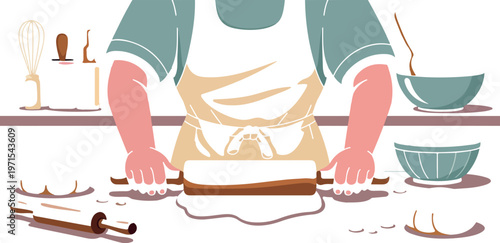 Person rolling dough with rolling pin on kitchen counter preparing pastry ingredients for baking delicious homemade bread or cookies.