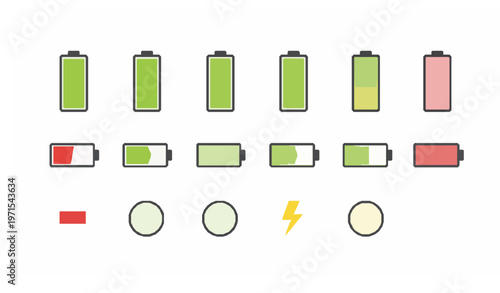 Battery level icon set with charging indicators from low to full in modern flat style vector collection