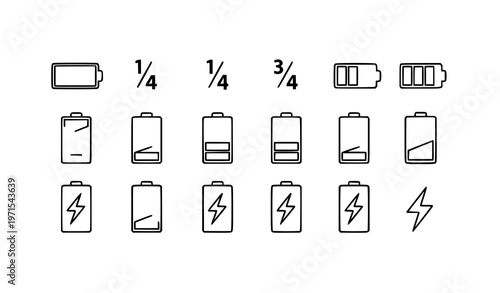 Battery charge indicator outline icon set with energy level status symbols in clean line vector style