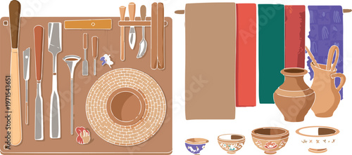 Pottery crafting tools and materials for ceramic art with decorative textiles background.