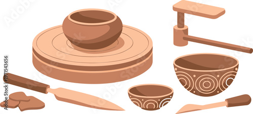Pottery making tools and ceramic items, flat design vector set on transparent background, artisan crafts.