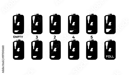 3d battery charge indicator icon set with energy level from empty to full glossy realistic vector illustration