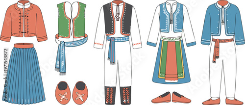 Vector set of diverse traditional ethnic clothing for men and women including embroidered vests and footwear.