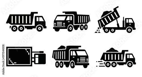 Dump Truck Icons Set: Loading, Transporting, and Unloading Construction Materials
