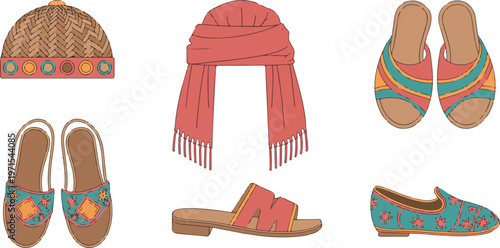 Woven hat scarf and assorted footwear including slippers and sandals with decorative patterns and embroidery.