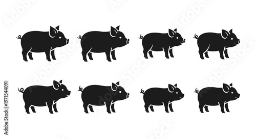 Eight Black Pig Silhouettes on White Background